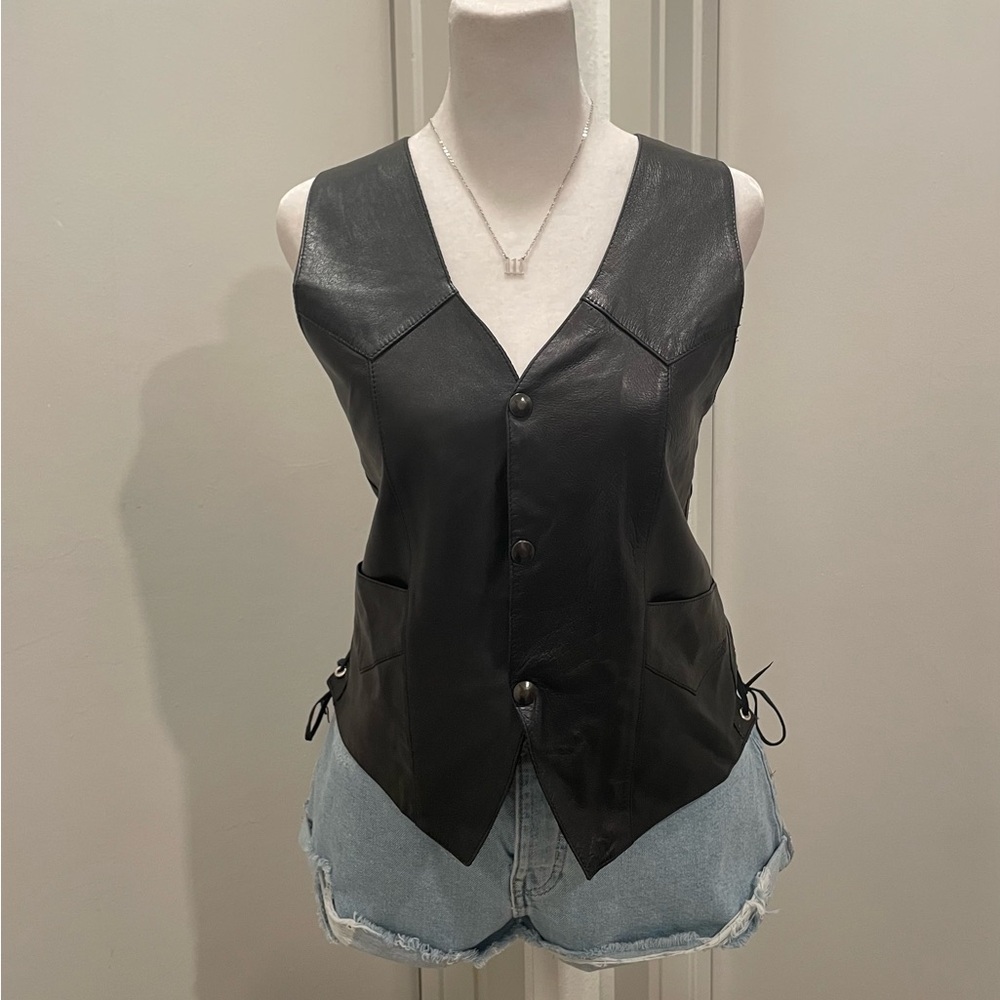 VTG 80s 90s Tou Jours Black & Brown Leather Biker Motorcycle Vest - M